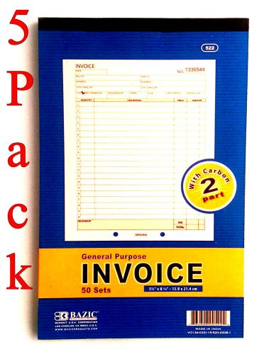 5 pack INVOICE Receipt Record BOOK, 2 Part 50 Sets Numbered Original w/Carbon