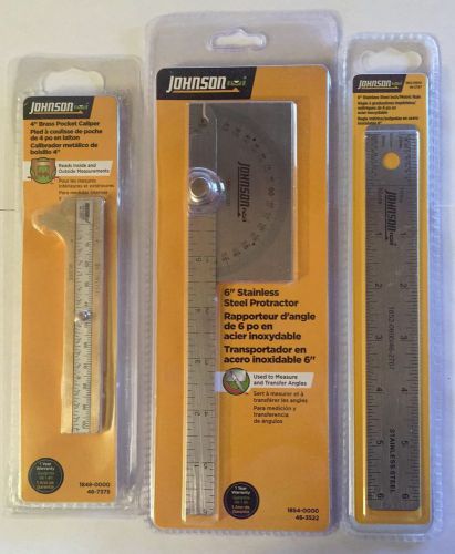 Johnson lot 4&#034; brass pocket caliper, 6&#034; stainless steel protractor, 6&#034; ss ruler for sale