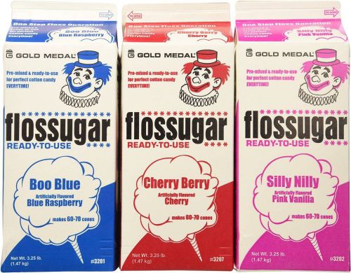 Cotton candy floss sugar-blue raspberry, pink vanilla &amp; cherry- 3.25 lbs.3 pack. for sale