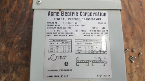 ACME ELECTRIC GENERAL PURPOSE TRANSFORMER T-2-53171-15 STYLE SE