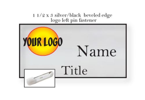 1 silver name badge color logo on left 2 lines of imprint pin fastener for sale