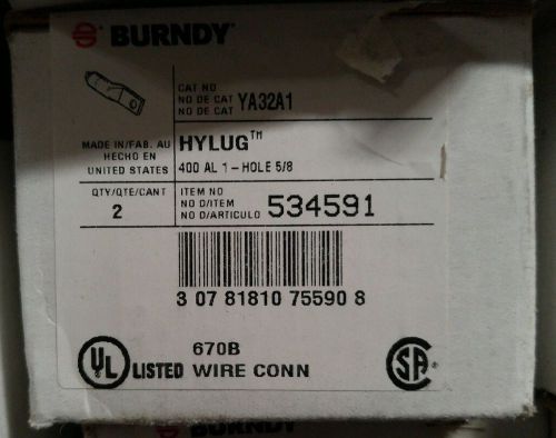 Burndy YA32A1 Hylug Uninsulated Compression Terminal, One Hole Design, box of 2