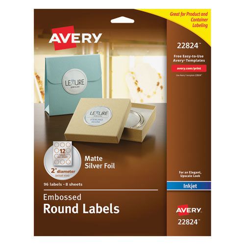 Avery 22824 Embossed Round Labels, Inkjet, 2&#034; Diameter, 96/PK, Matte Silver Foil