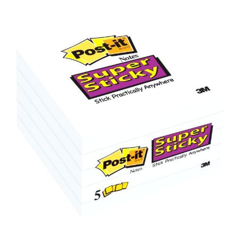 Post-it Super Sticky Notes, 3 x 3-Inches, White, 5-Pads/Pack (654-5SSW)