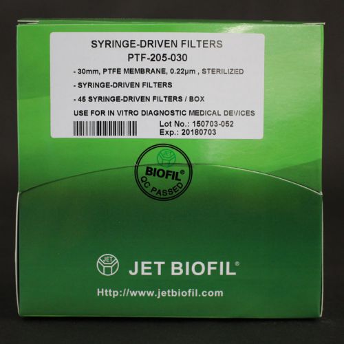 Syringe filters, ptfe, 0.22 micron, 30 mm, sterile, box of 45 for sale