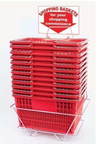 NEW 12 Standard Shopping Baskets - Chrome Handles - Metal Stand and Sign - Red