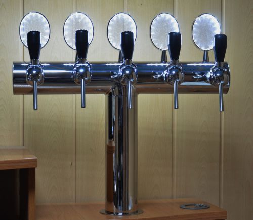 NEW! Beer Tap Faucet Draft  5 Lines Stainless Steel Tower Kegerator Lights Logo