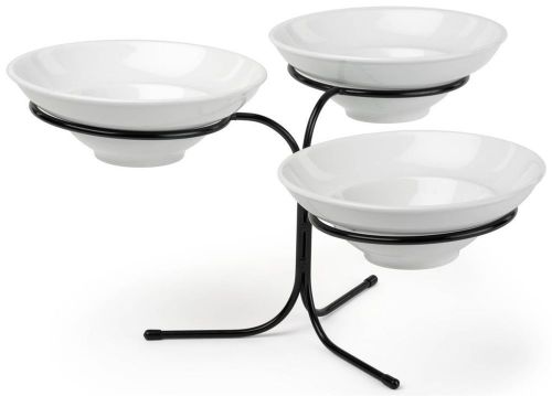 3-Tier Wire Serving Platter w/ (3) 10&#034; Diameter Porcelain Dishes - Black and Whi