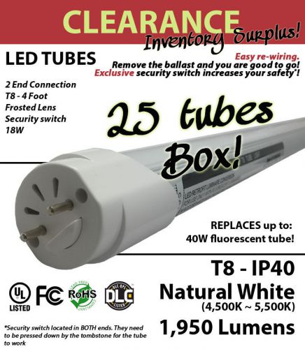 1 BOX with 25 LED Tubes 18W 4Ft 1900Lm T8 4500K Frost UL Fluorescent Replacement