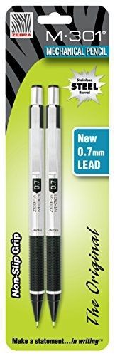 Zebra M-301 Stainless Steel Mechanical Pencil, 0.7mm, Black Barrel, 2 Pack