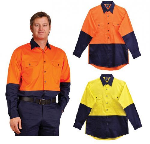 MENS LONG SLEEVE SAFETY SHIRT HIGH VISIBILITY HI VIS WORK WEAR COTTON TWILL COOL