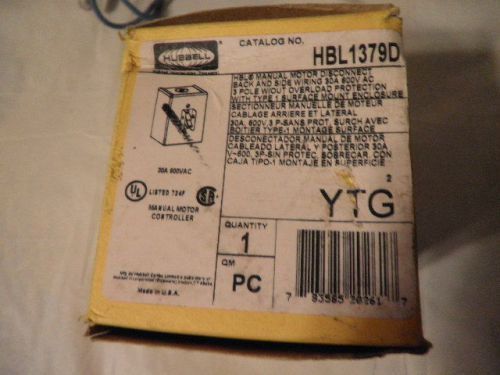Hubbell HBL1379D Manual Motor Disconnect 3 Pole 600VAC 30A NEW IN BOX
