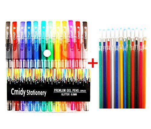 Glitter Gel Pens Set of 12 Prime Color Art Gel Pens with Bonus 12 Gel Ink New