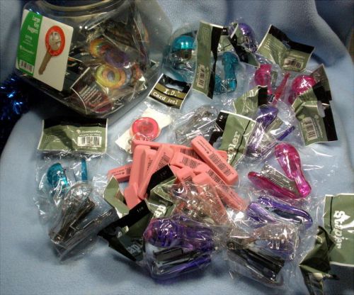 New 46-pc wholesale lot baumgarten&#039;s staplers erasers key holders + id card reel for sale