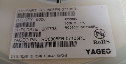 5000 X YAGEO RC0805FR-07105RL RES SMD 105 OHM 1% 1/8W 0805
