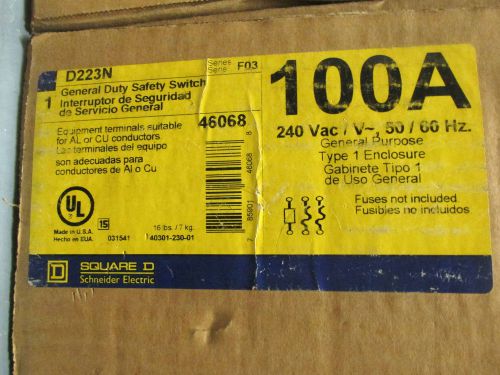 Nib.. square d general duty 100a fusible safety switch 240v  cat# d223n.. uk-201 for sale