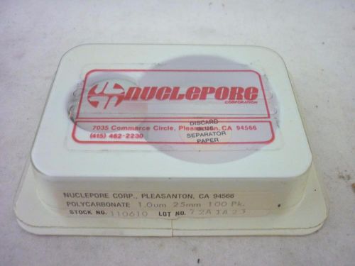 Nuclepore polycarbonate membranes pore size 1.0um diameter 25mm 100pk pn 110610 for sale