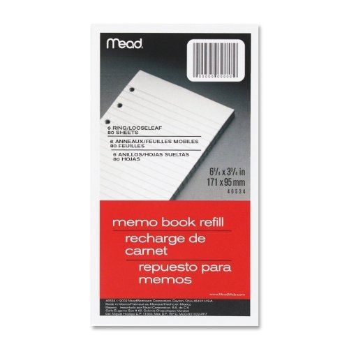 Mead 6-Ring Memo Book Refill, College Rule, 6HP, 6-3/4&#034; x 3-3/4&#034;, 80 Sheets,