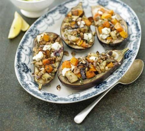 Baked aubergine stuffed with roast pumpkin, feta &amp; walnut with minted Recipe a