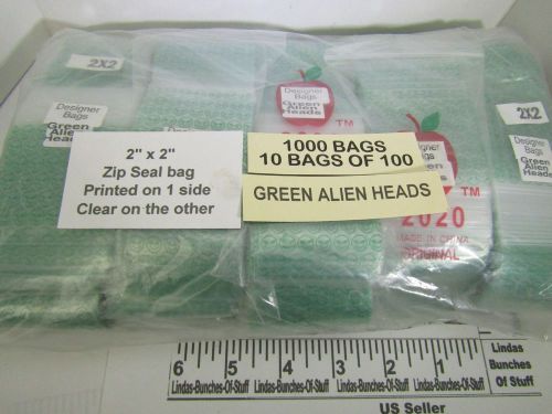 1000 green alien heads 2&#034; x 2&#034; 2 mill plastic zip seal bags new! for sale