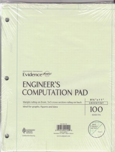 Evidence Engineer&#039;s Computation Pad 100 Sheets Green Tint 8.5x11, 3 Hole Punched