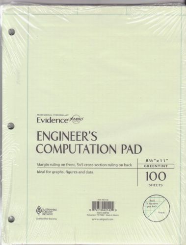 Evidence Engineer&#039;s Computation Pad 100 Sheets Green Tint 8.5x11, 3 Hole Punched