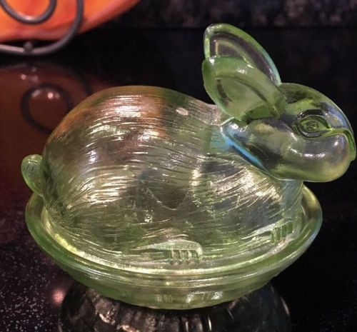 Vintage Green Glass bunny rabbit on nest basket