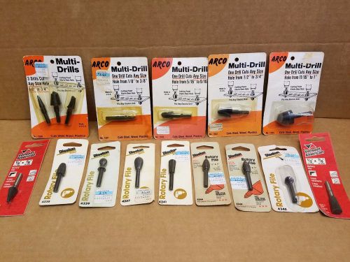 Lot of 16 Assorted Arco Multi-drill Bits Cuts Steel Wood &amp; Burr Rotary Files NOS
