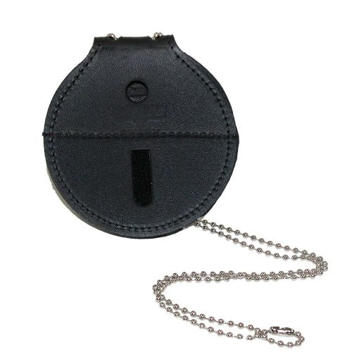 Leather circle badge holder with neck chain &amp; clip back black for sale