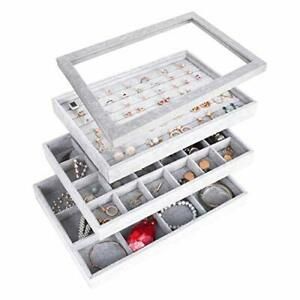 Ice Velvet Stackable Jewelry Tray Showcase Display Organizer,Glass Light Grey