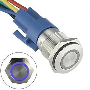 16mm Latching Push Button Power Switch Stainless Steel W/ Blue LED Waterproof