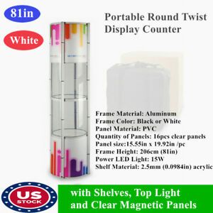 US 81&#034; Portable Spiral Tower Display Case with Shelves ,Top Light ,Clear Panels