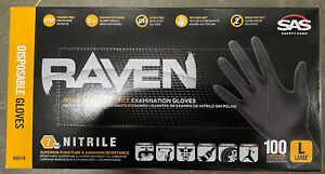 New Box of 100 SAS Safety Raven Black 6 MIL Nitrile Exam Gloves-Sz Large