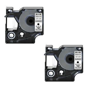 2PK 12mm Black on Silver DYMO D1 45022 LabelWriter 450 400 DUO Label Tape 1/2in