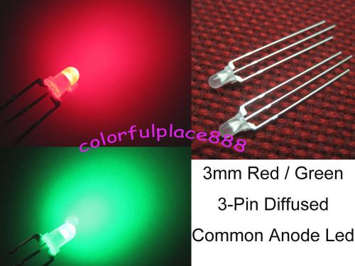 1000pcs 3mm dual bi-color red/green diffused bright 3-pin led common anode leds for sale