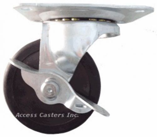4PUHRSB 4&#034; Swivel Plate Caster with Brake, Hard Rubber Wheel, 300 lbs Capacity
