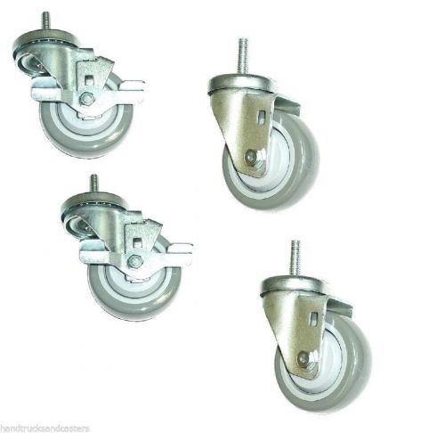 Set of 4 swivel stem casters with 3&#034; wheels 3/8&#034; threaded stems &amp; 2 with brakes for sale