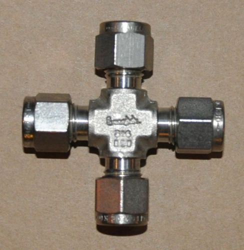 Swagelok 1/4&#034; 4-way tubing tee, sst connector union coupling w/ nut &amp; ferrells for sale