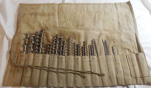 Vtg farmer&#039;s drill bits in roll-up canvas storage bag - mixed lot, many irwin for sale