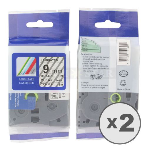 2pk transparent on black tape label for brother p-touch tz tze 121 9mm 3/8&#034; for sale