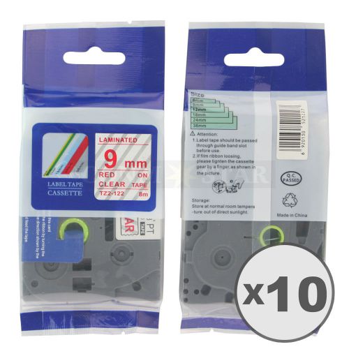 10pk Red on Transparent Tape Label Compatible for Brother P-Touch TZ TZe122 9mm