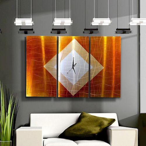 Metal hand painting modern abstract wall copper silver large clock artwork for sale