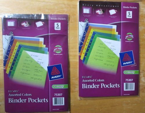 10 Binder Pocket 5-1/2&#034;x8-1/2&#034; asst color AVERY 75307 PVC FREE small durable LOT