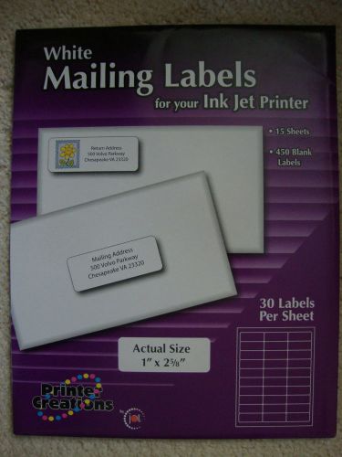 New White Mailing Labels-Ink Jet Printer 1&#034; x 2-5/8&#034; 450 Blank Labels