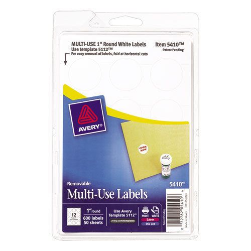 Print or Write Removable Multi-Use Labels, 1in dia, White, 600/Pack