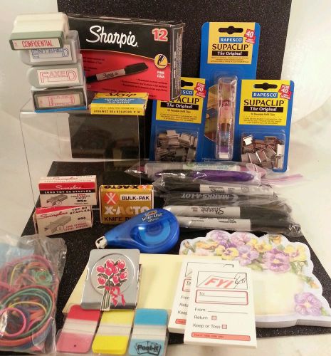 LARGE Lot of Office Supplies Sharpies INK STAMPS Sticky note STAPLES Blades PENS