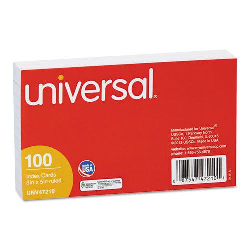 Universal Ruled Index Cards, 3 x 5, White, 100/Pack, PK - UNV47210