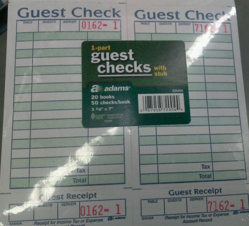 Adams 1-Part Guest Check with Stub 20 books 50 checks/book - ON SALE-1000 Checks
