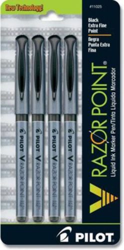 Pilot V Razor Point Liquid Ink Marker Pen Extra Fine Point 4-Pack Black Ink