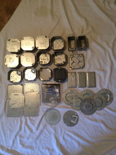 Lot of 33 electrical supplies, switch boxes, outlet boxes, cover plates, steel for sale